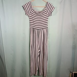Black White Striped Jumpsuit – Off Shoulder Smocked Bodice Wide Leg Pants Women
